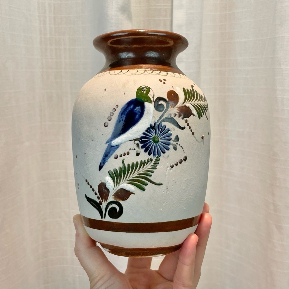 VTG Santana Tonala Art Pottery Vase 7" Tall Made in Mexico Painted Bird Floral